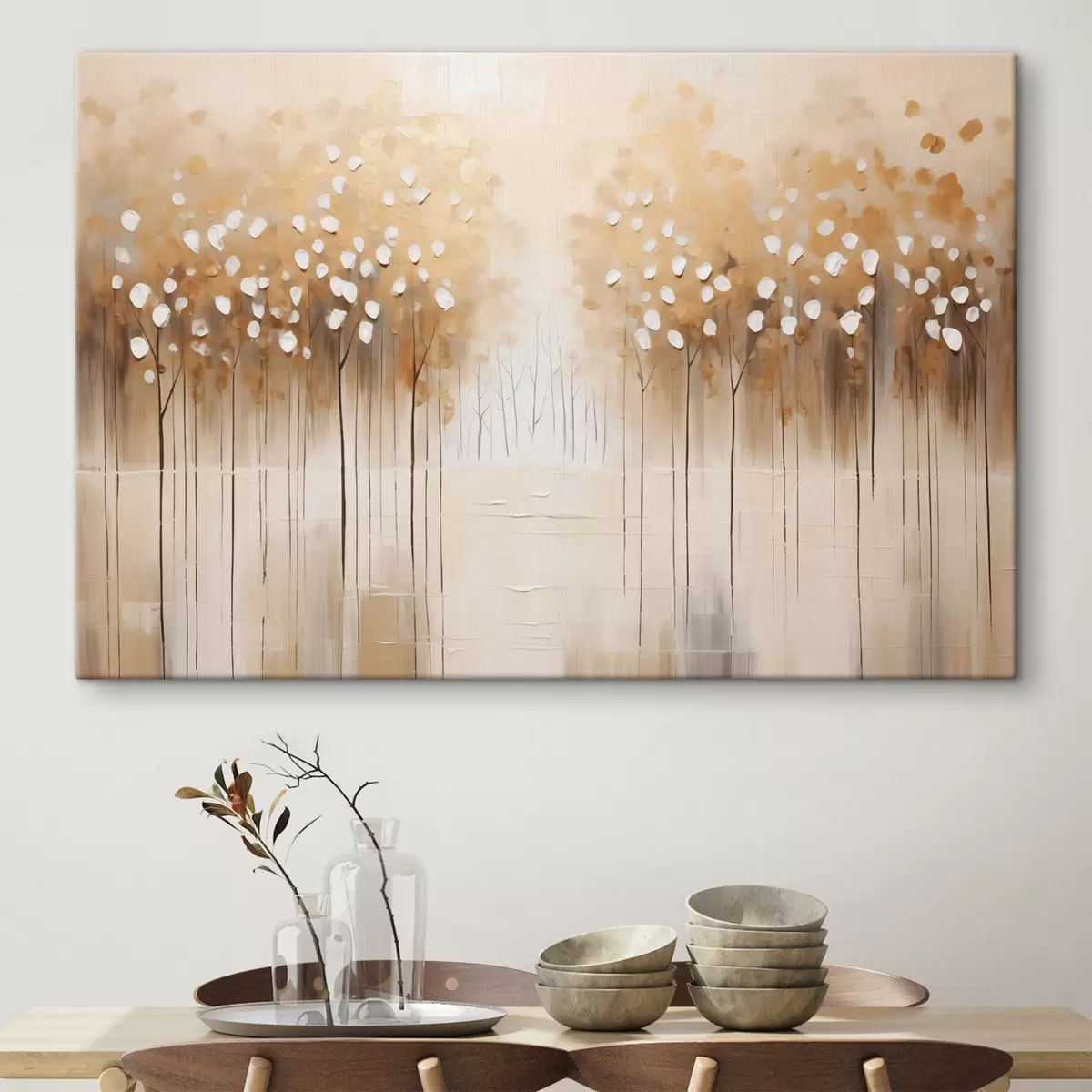 carta da parati Pittura a olio imitazione di alberi marroni con foglie bianche in una foresta con un fiume al centro, sfondo bianco nr. s43172