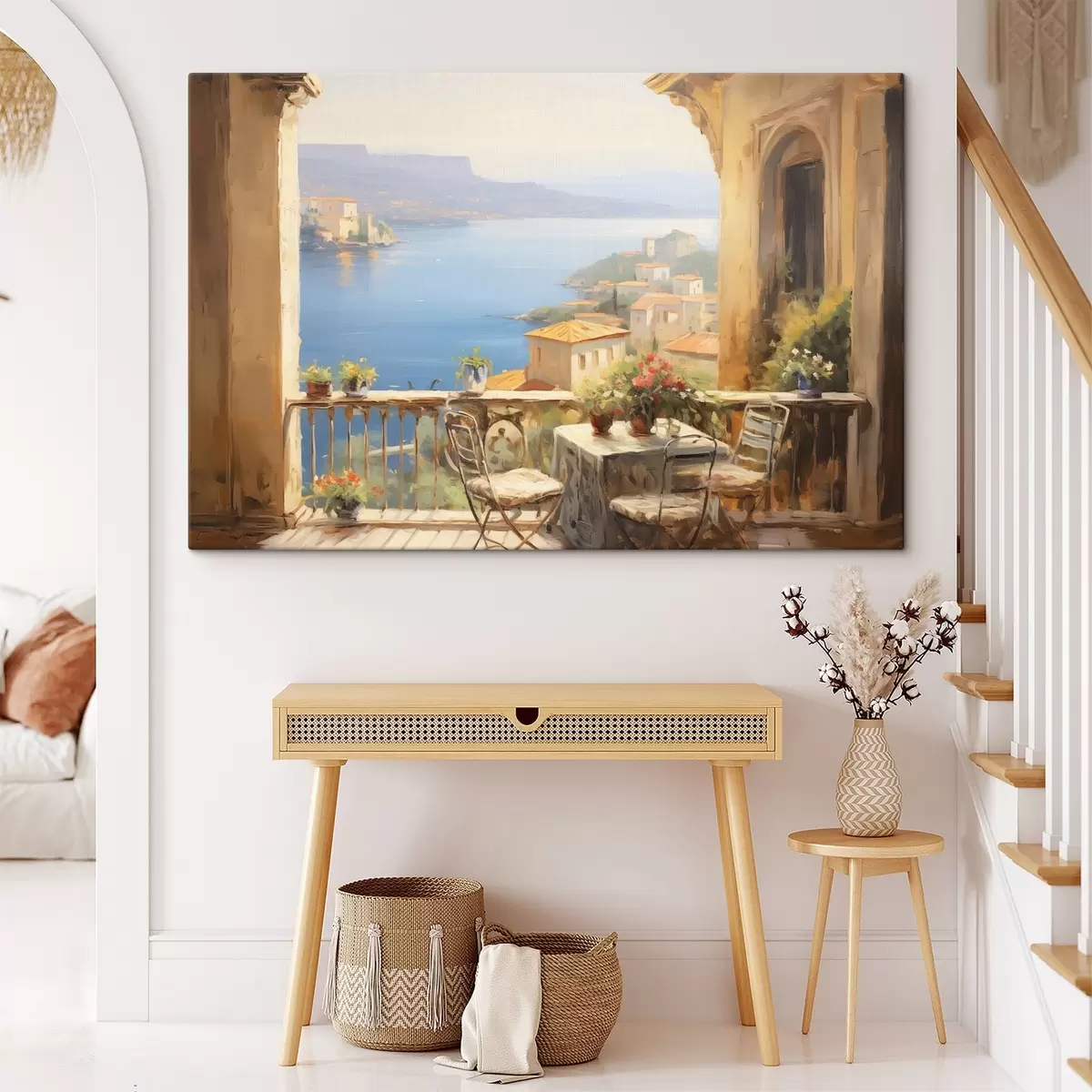 carta da parati Pittura ad olio imitazione di balcone con fiori, con vista sul mare, case sulla costa, giornata di sole, cielo blu nr. s43173