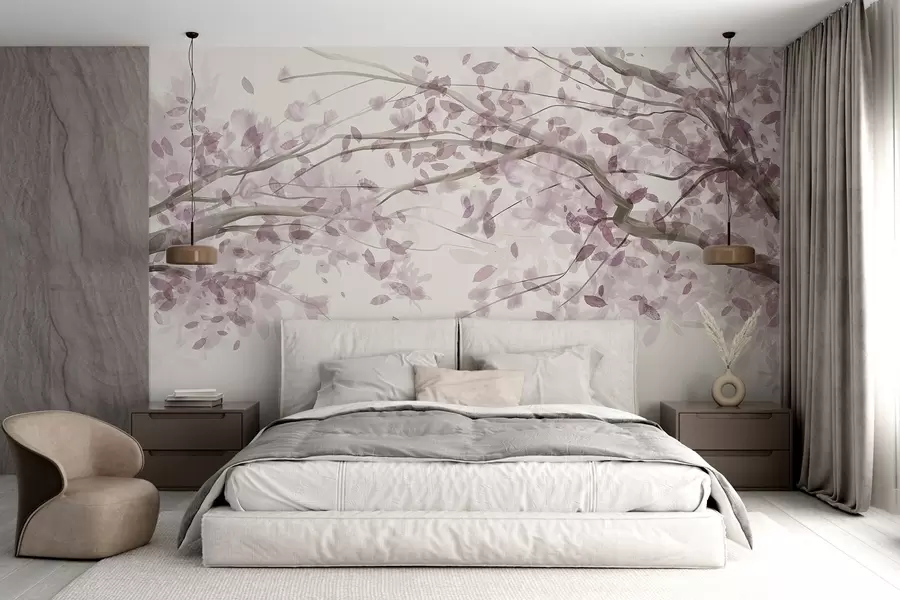 carta da parati Rami di fiori con foglie rosa, colori tenui, dettagli delicati, stile acquerello, su sfondo chiaro nr. w08867