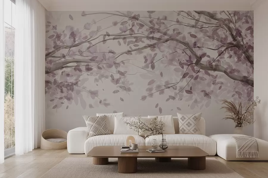 carta da parati Rami di fiori con foglie rosa, colori tenui, dettagli delicati, stile acquerello, su sfondo chiaro nr. w08867