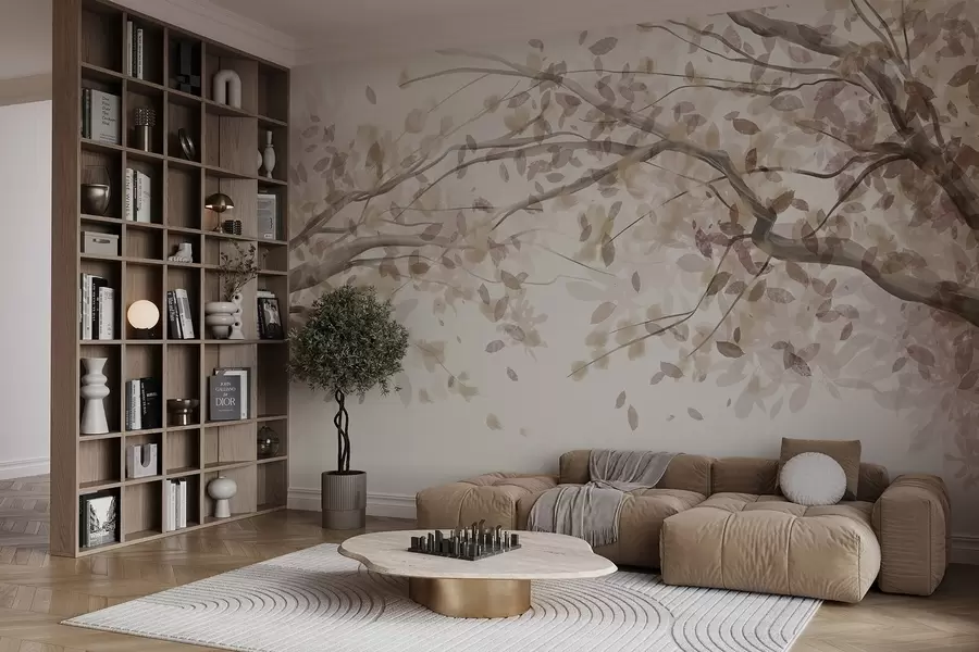 carta da parati Rami di fiori con foglie beige, colori tenui, dettagli delicati, stile acquerello, su sfondo chiaro nr. w08867v1