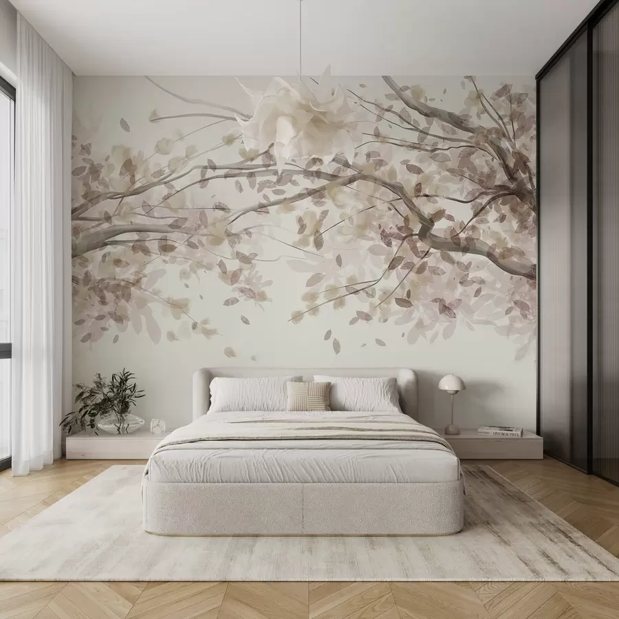 carta da parati Rami di fiori con foglie beige, colori tenui, dettagli delicati, stile acquerello, su sfondo chiaro nr. w08867v1