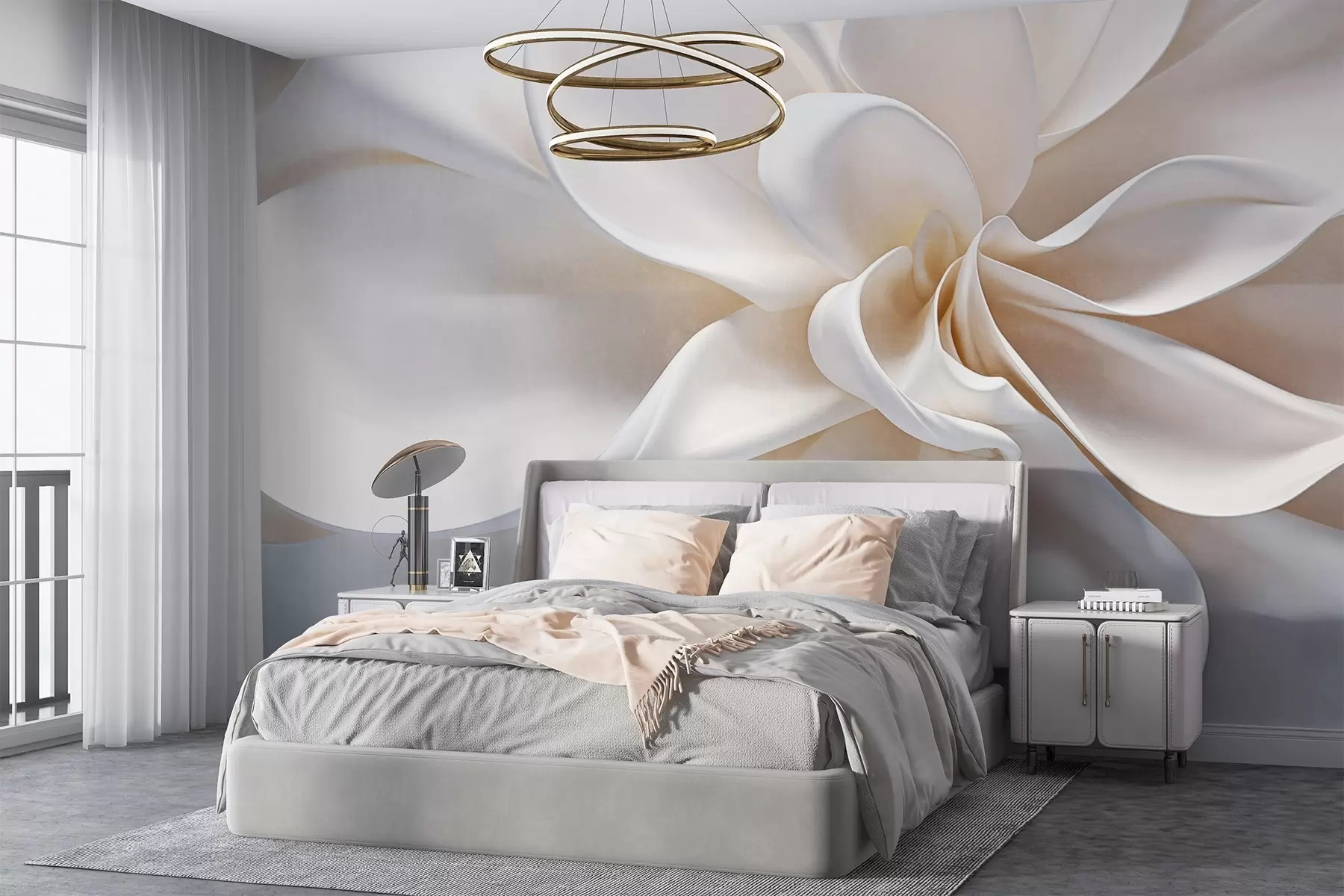 Carta da parati Floreale Un fiore minimalista dalla texture pastello bianca con petali morbidi, leggeri e ariosi, su sfondo bianco n. w08868