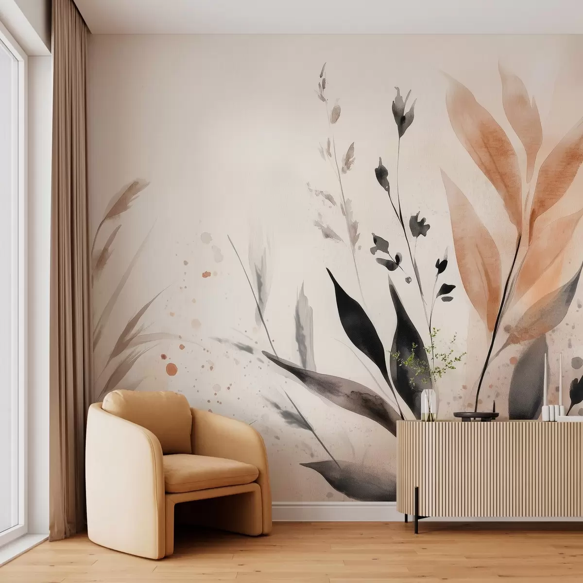 carta da parati foglie acquerellate in tecnica libera nei colori della terra nr. w03120