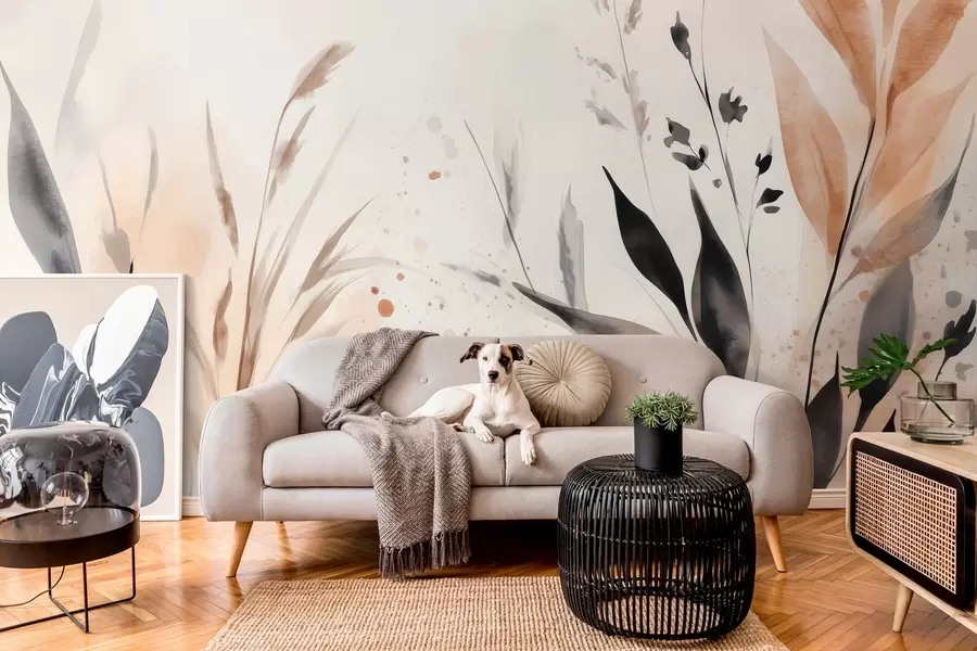 carta da parati foglie acquerellate in tecnica libera nei colori della terra nr. w03120