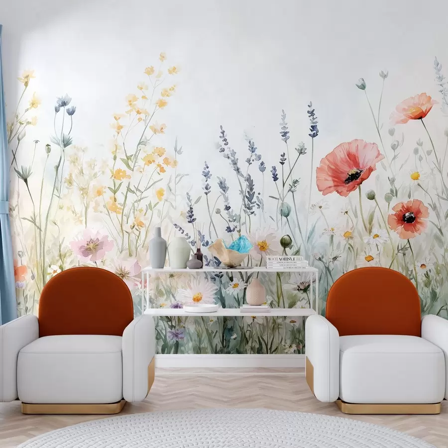 Carta da parati nature fiori di campo e papaveri nella tecnica delle pennellate 