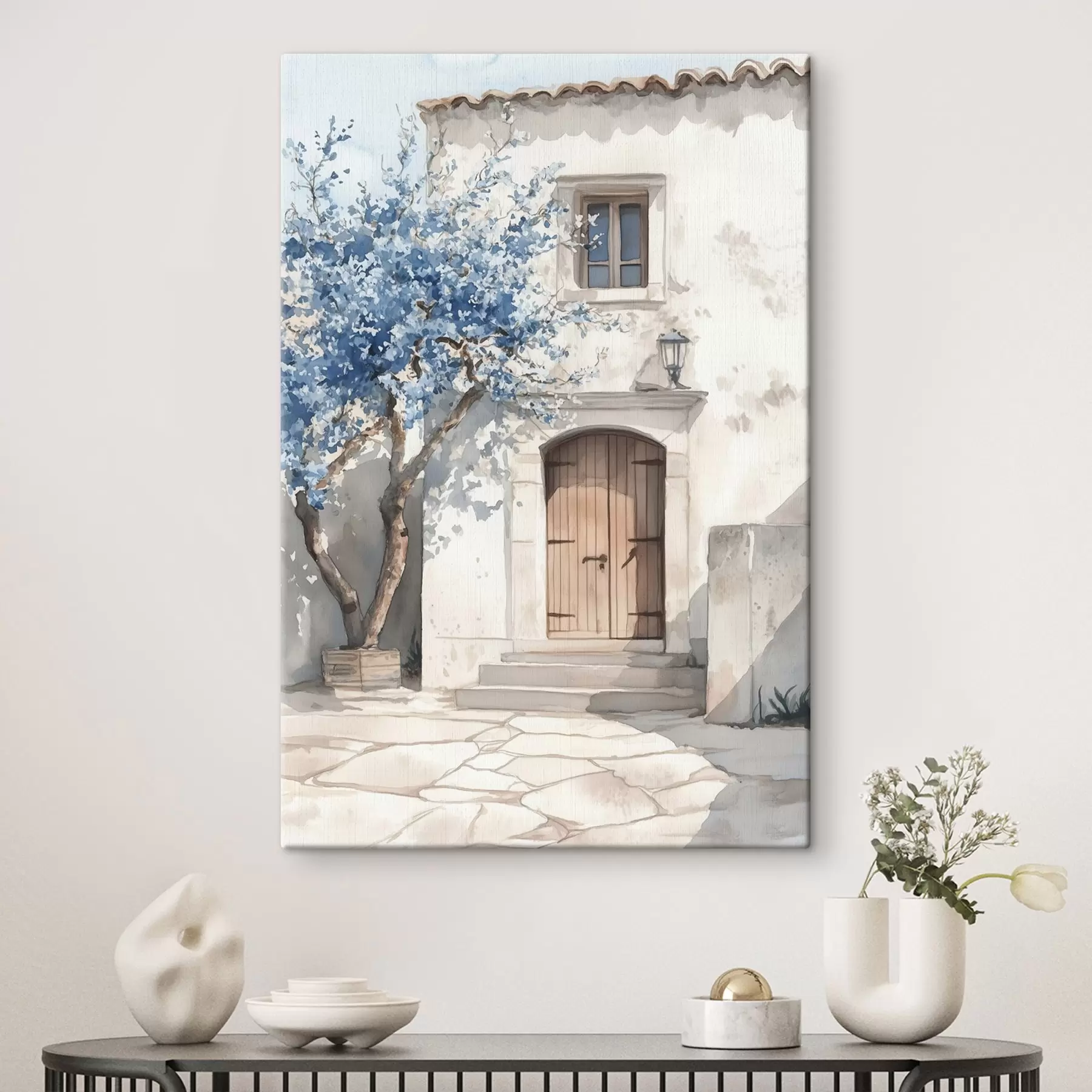 carta da parati Casa greca con bell'albero, architettura, stile acquerello nr. s43178