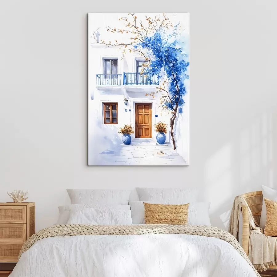 carta da parati Albero in fiore con fiori blu, casa bianca, Grecia, stile acquerello nr. s43183