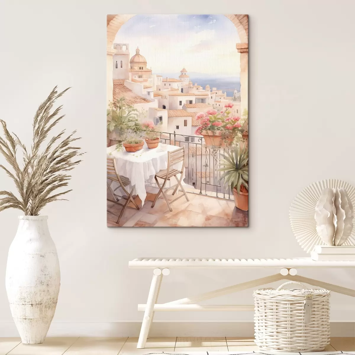 carta da parati Tramonto sul balcone, Italia, architettura, fiori in fiore, stile acquerello nr. s43184