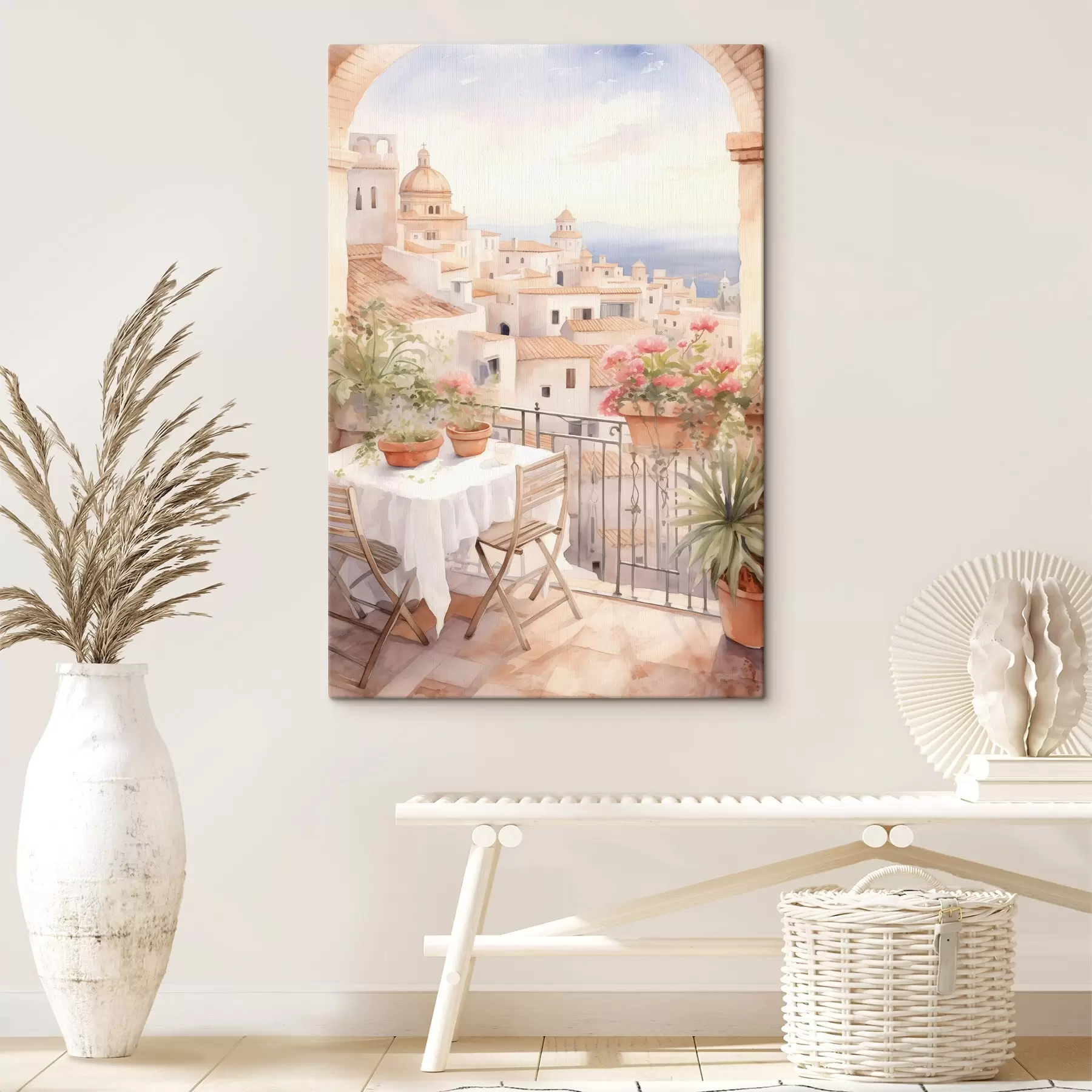 carta da parati Tramonto sul balcone, Italia, architettura, fiori in fiore, stile acquerello nr. s43184