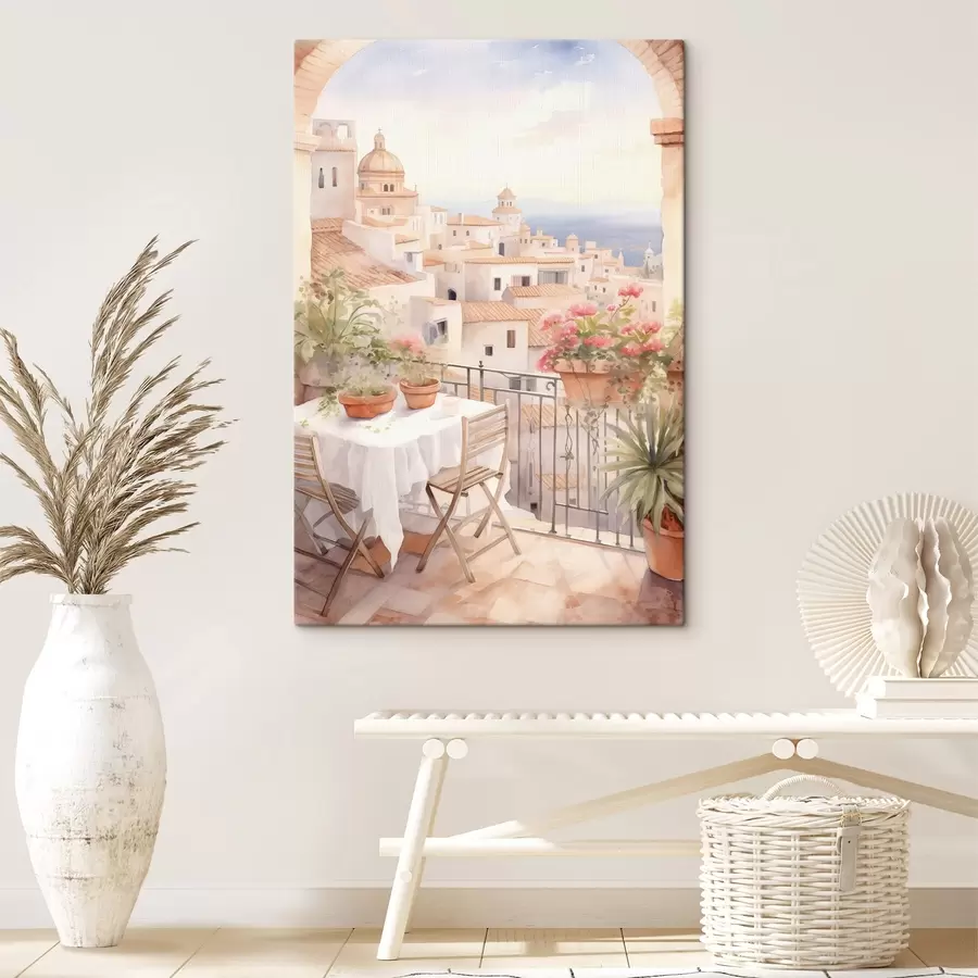 carta da parati Tramonto sul balcone, Italia, architettura, fiori in fiore, stile acquerello nr. s43184