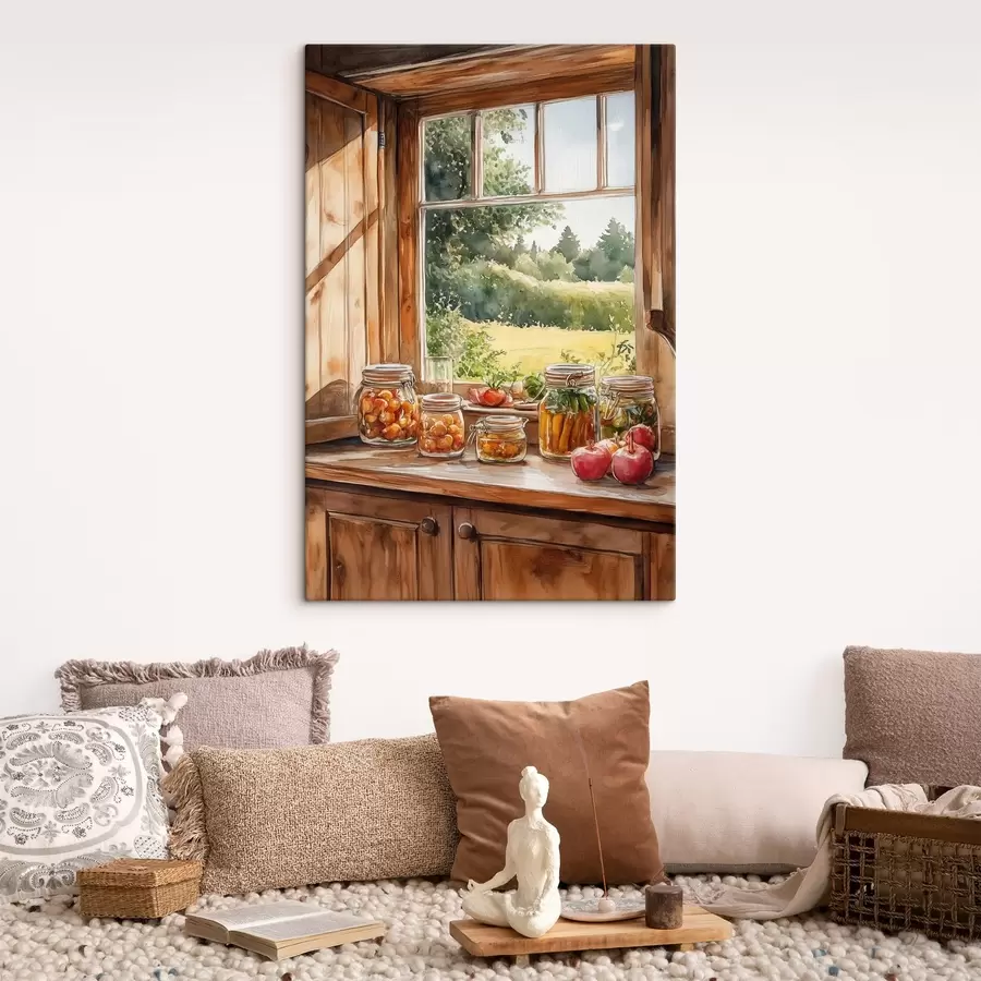 carta da parati Estetica del villaggio, casa di legno, natura estiva, verdure, stile acquerello nr. s43185
