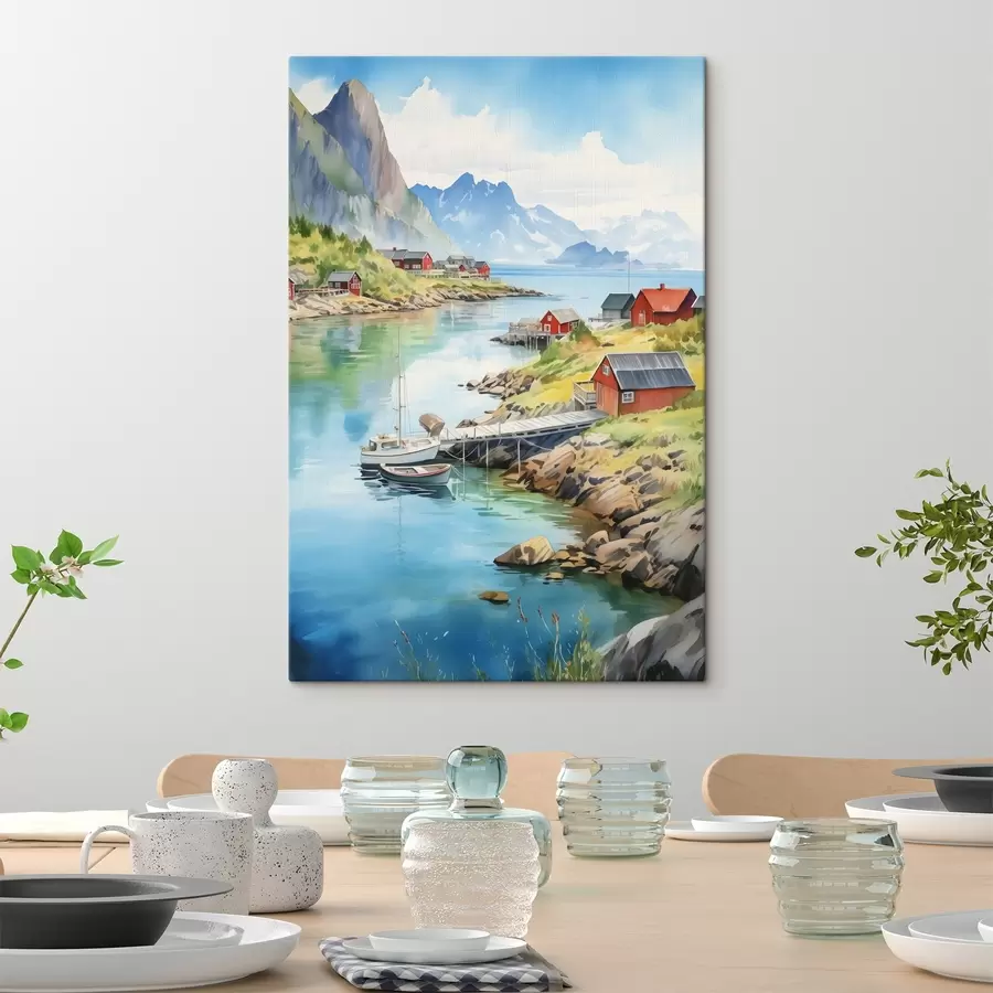 carta da parati Paesaggio estivo delle isole Lofoten, case rosse, montagne, imbarcazioni nr. s43187