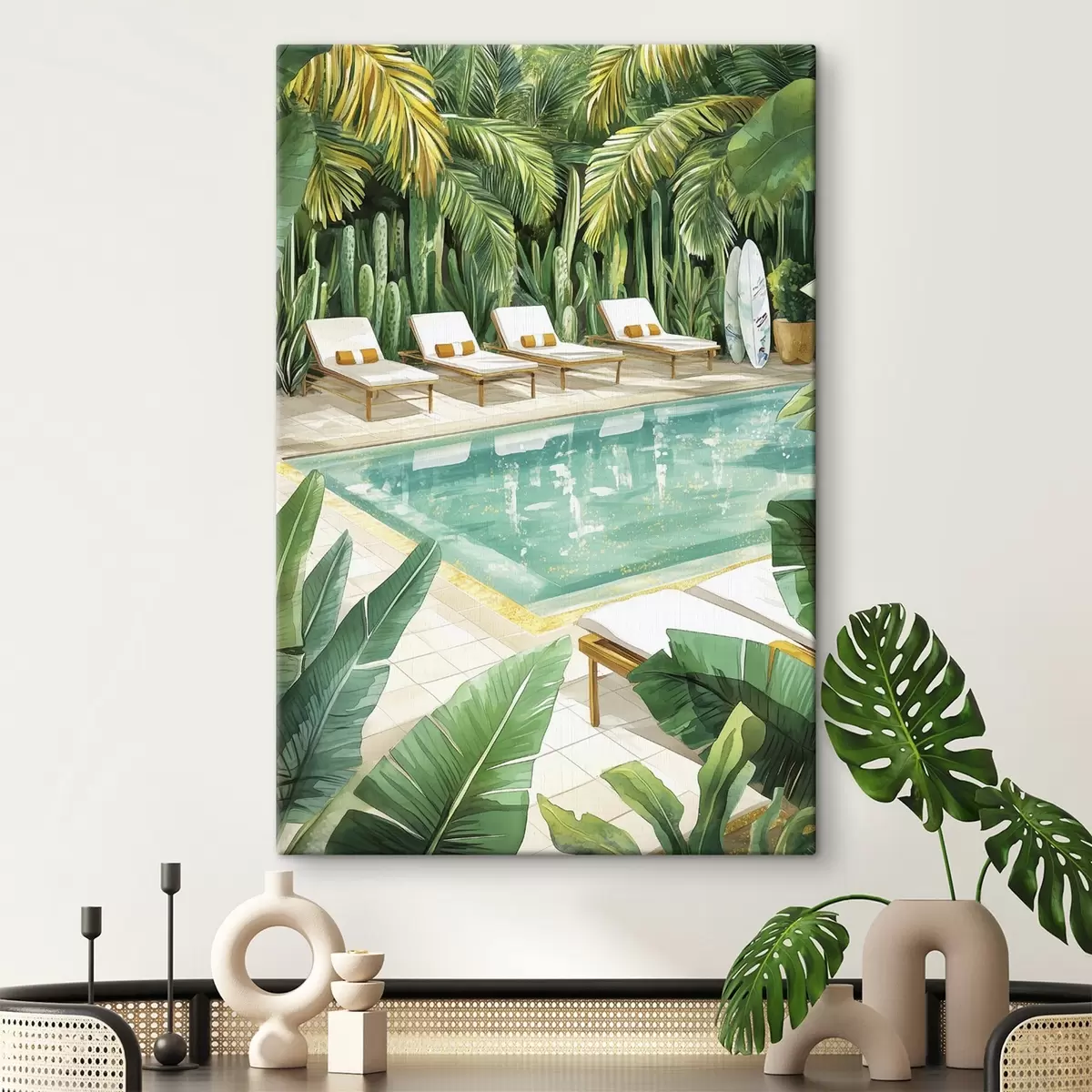 carta da parati Natura tropicale, giardino, piscina estiva, surf, stile acquerello nr. s43190