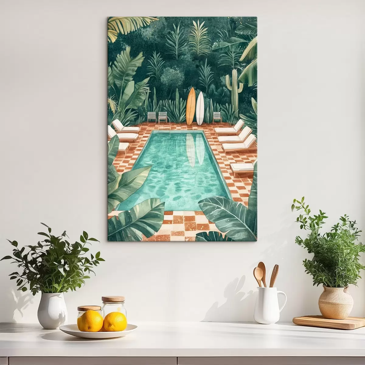 carta da parati Piscina estiva vintage, foresta tropicale, verde, palme, stile acquerello nr. s43191