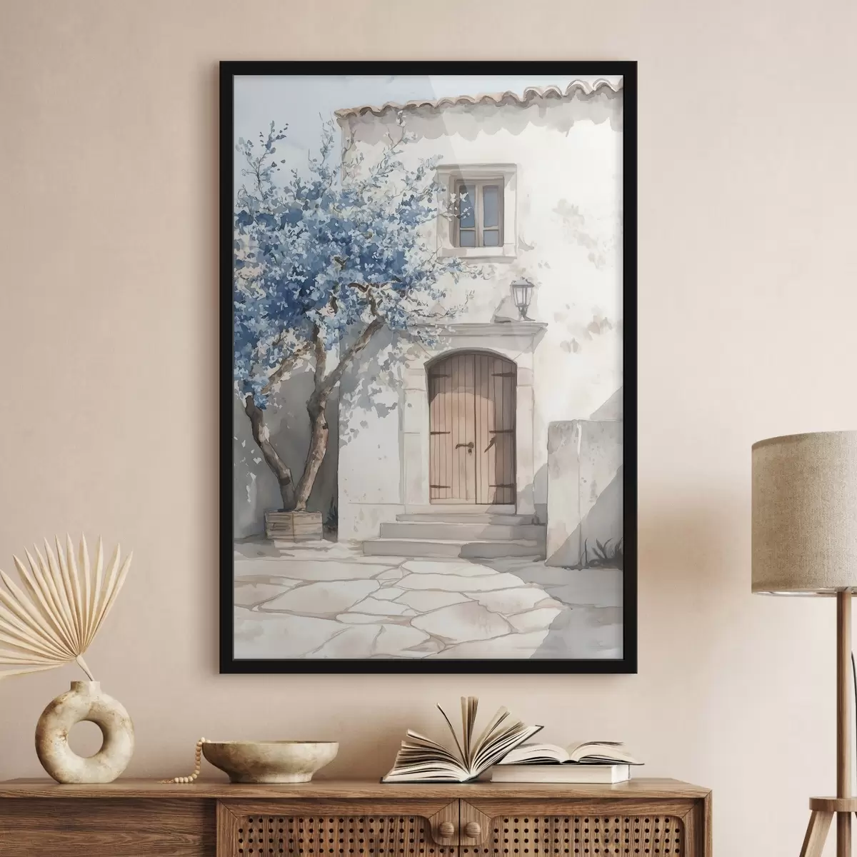 Poster Casa greca con bell'albero, architettura, stile acquerello f43178