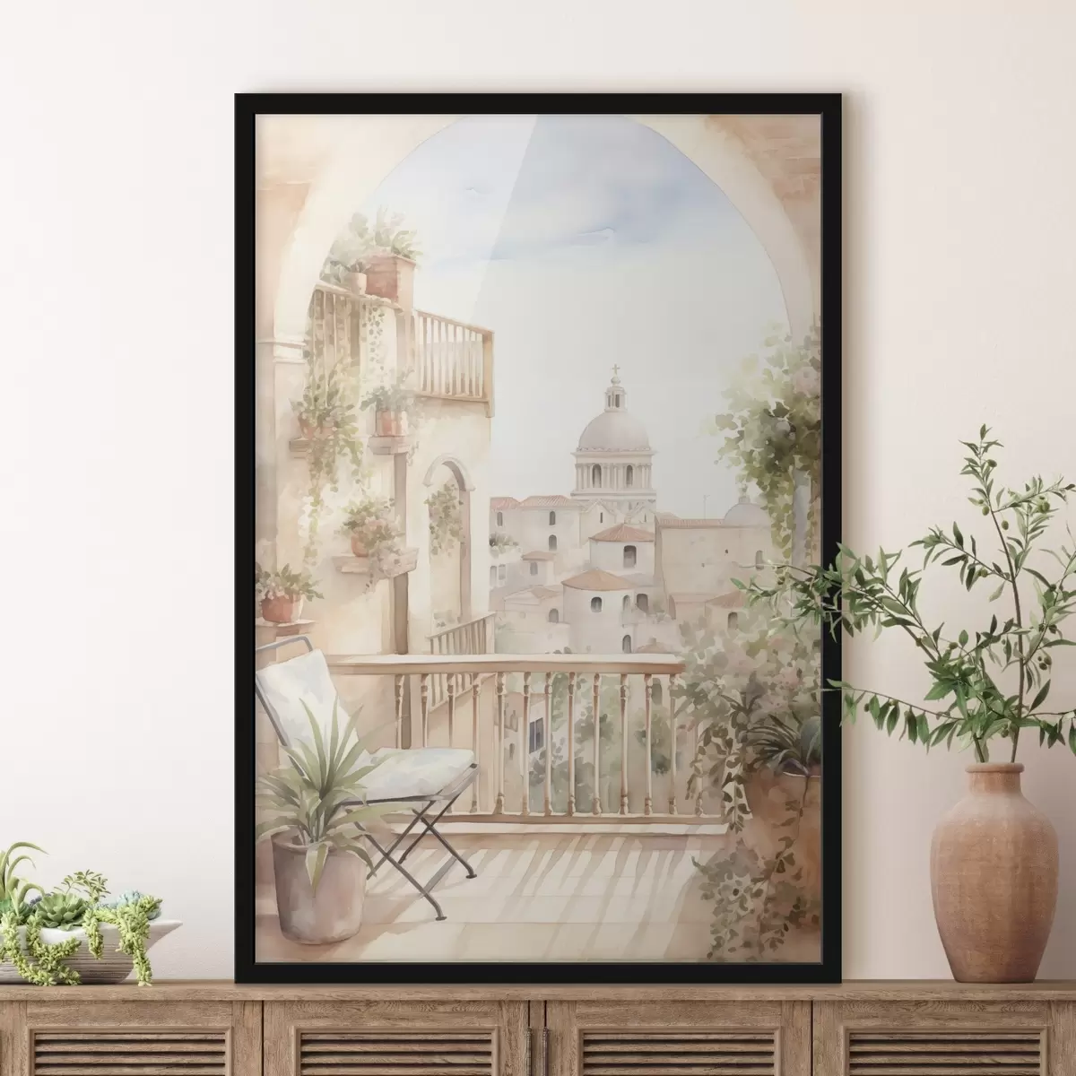 Poster Balcone estivo estetico, Spagna, architettura antica, blomming, stile acquerello f43180