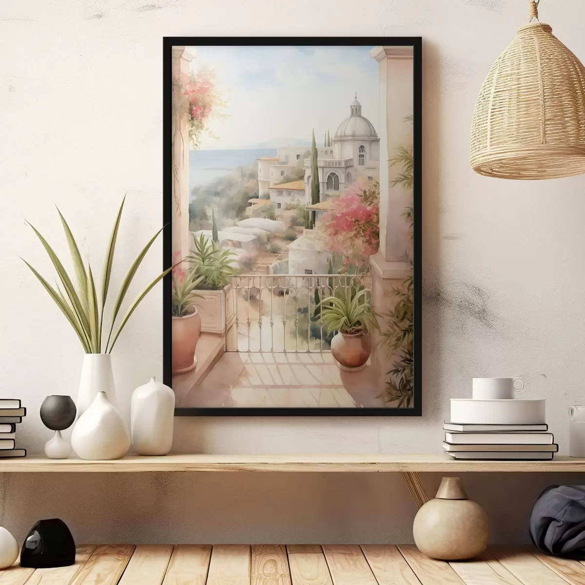 Poster Spagna paesaggio estivo, architettura mediterranea, stile acquerello f43181