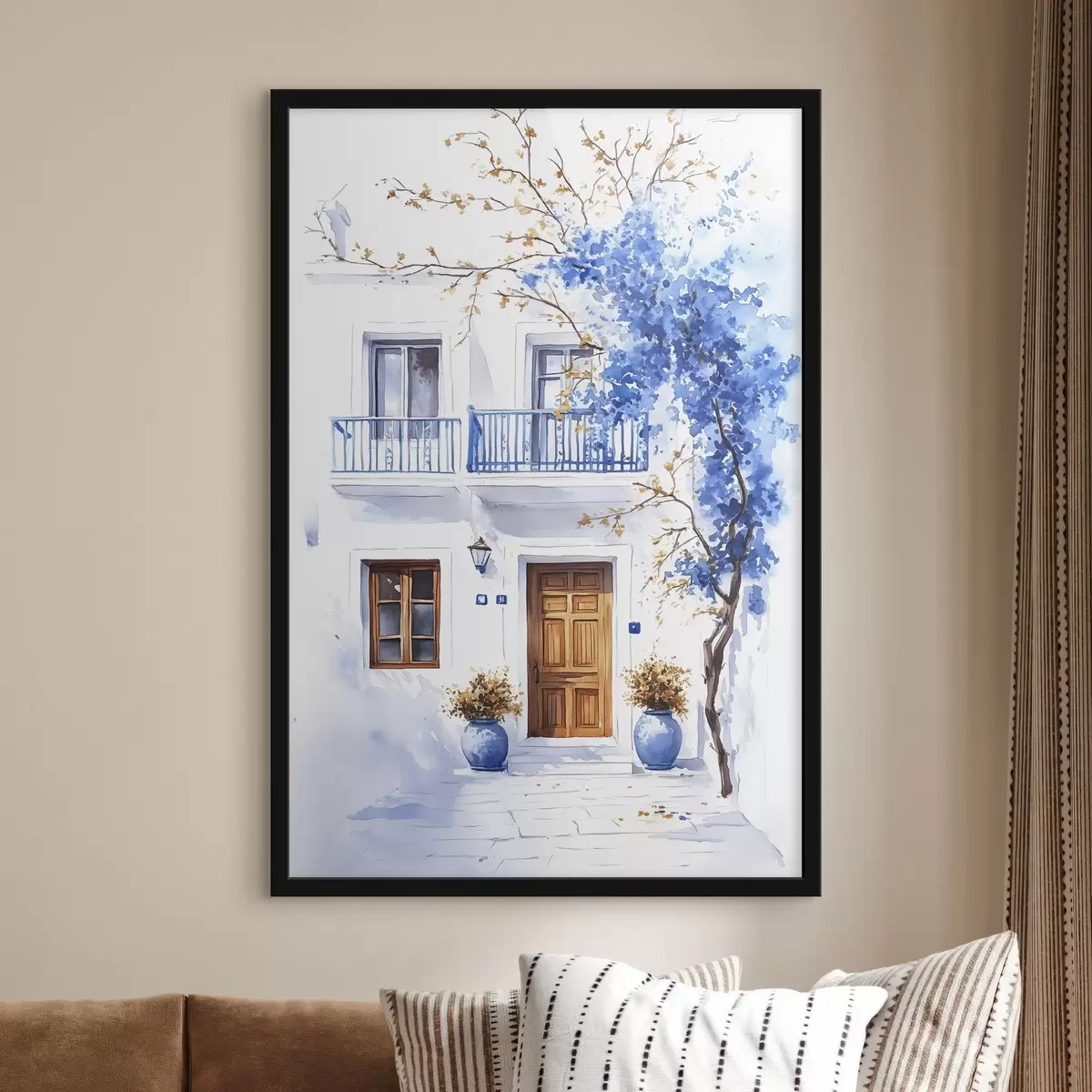 Poster Albero in fiore con fiori blu, casa bianca, Grecia, stile acquerello f43183