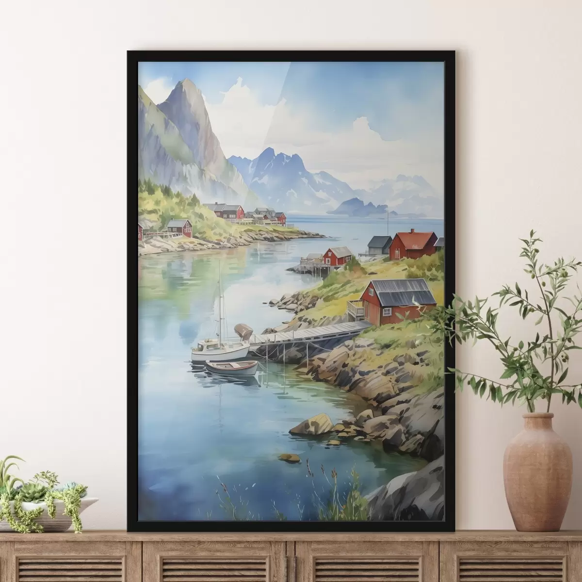 Poster Paesaggio estivo delle isole Lofoten, case rosse, montagne, imbarcazioni f43187
