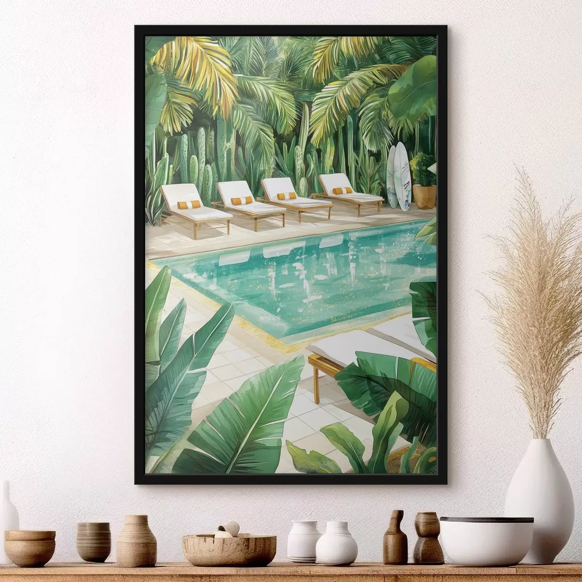 Poster Natura tropicale, giardino, piscina estiva, surf, stile acquerello f43190