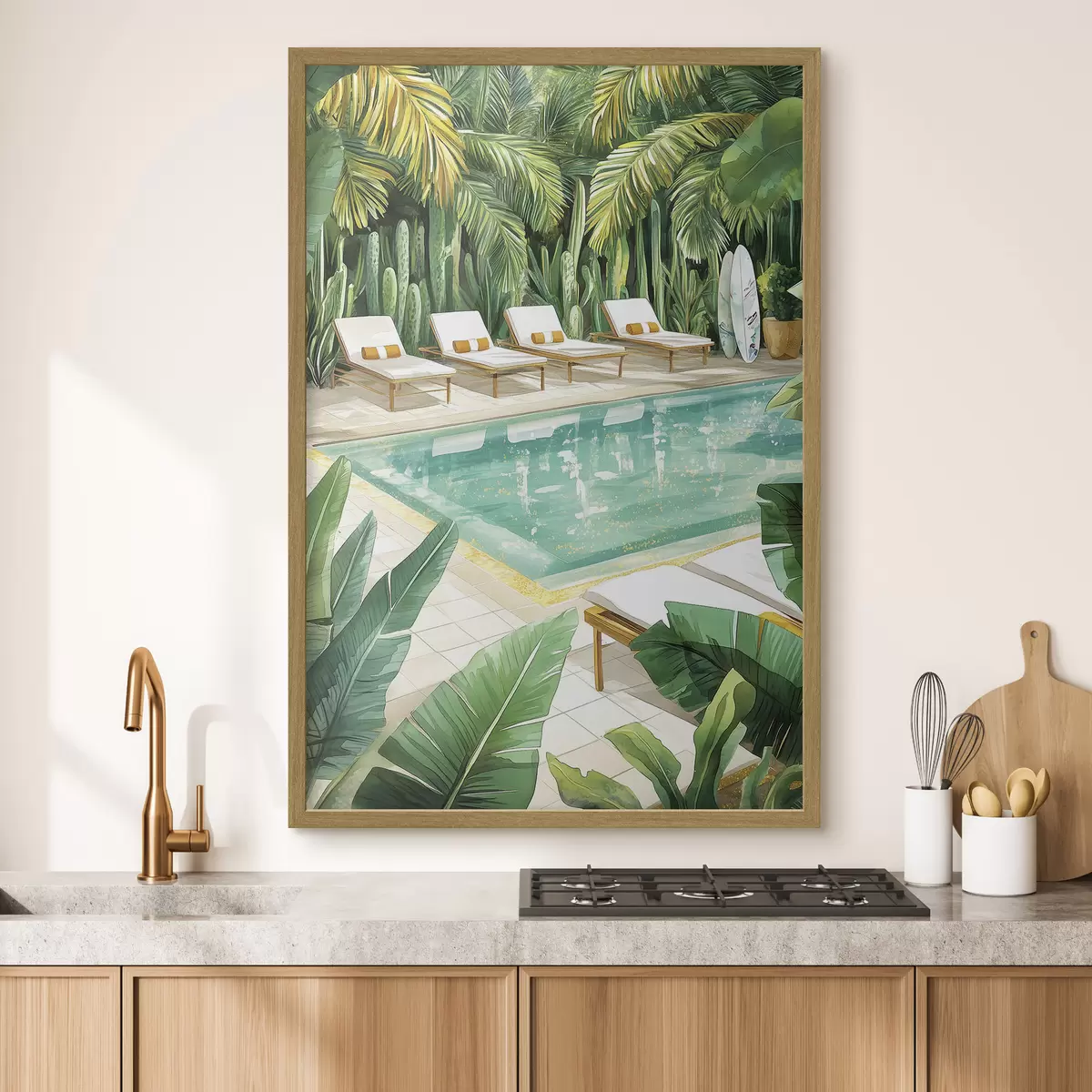 Poster Natura tropicale, giardino, piscina estiva, surf, stile acquerello f43190