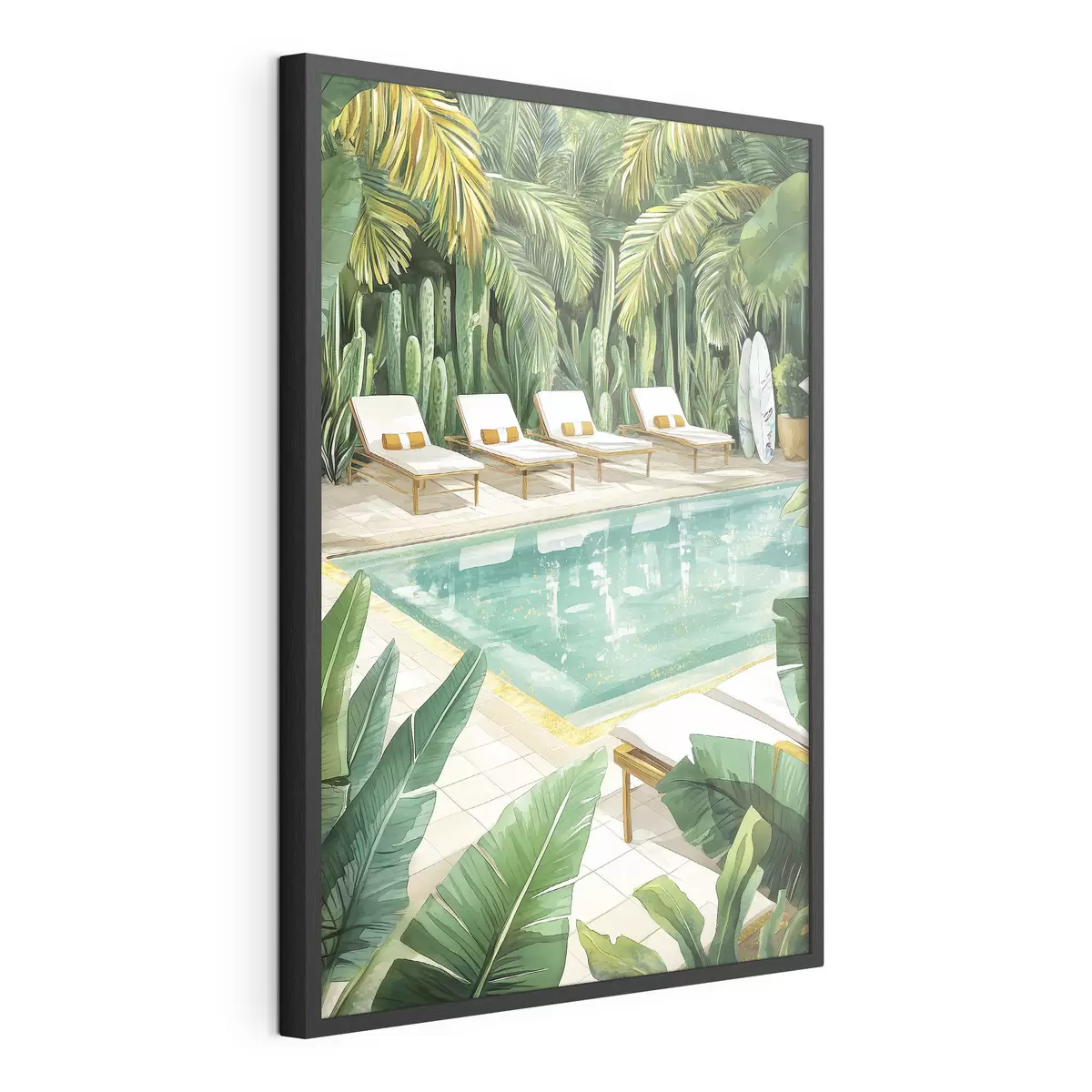 Poster Natura tropicale, giardino, piscina estiva, surf, stile acquerello f43190