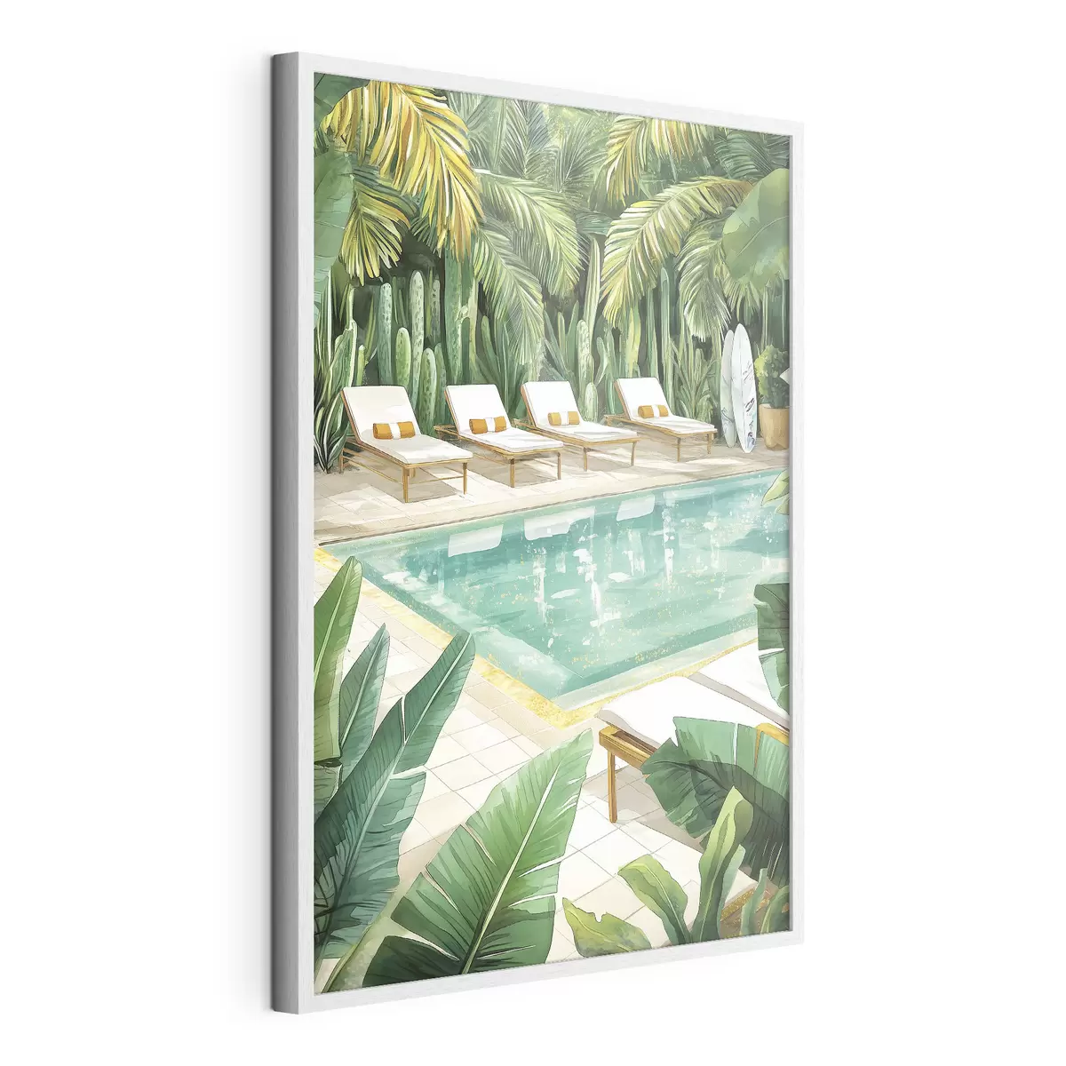 Poster Natura tropicale, giardino, piscina estiva, surf, stile acquerello f43190