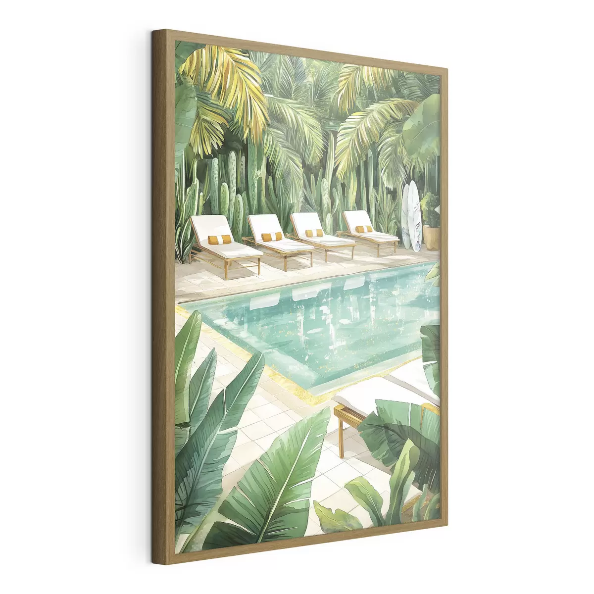 Poster Natura tropicale, giardino, piscina estiva, surf, stile acquerello f43190