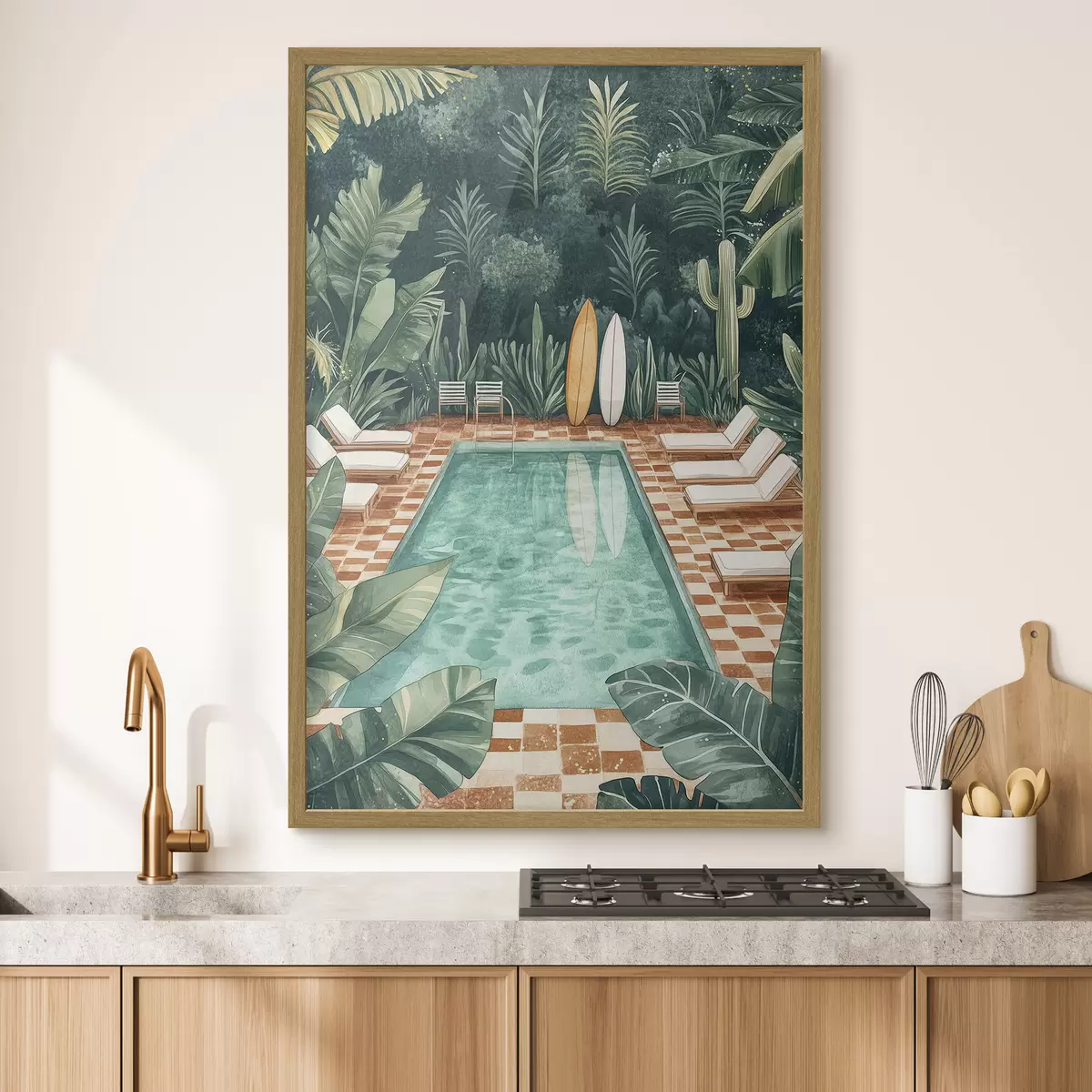 Poster Piscina estiva vintage, foresta tropicale, verde, palme, stile acquerello f43191
