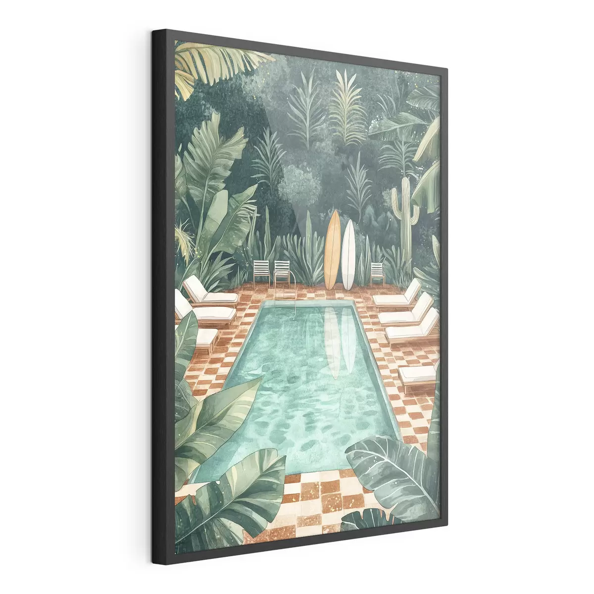 Poster Piscina estiva vintage, foresta tropicale, verde, palme, stile acquerello f43191