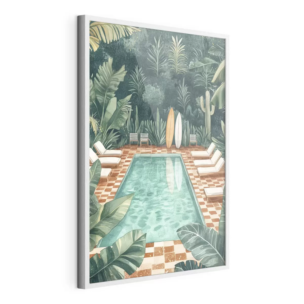 Poster Piscina estiva vintage, foresta tropicale, verde, palme, stile acquerello f43191