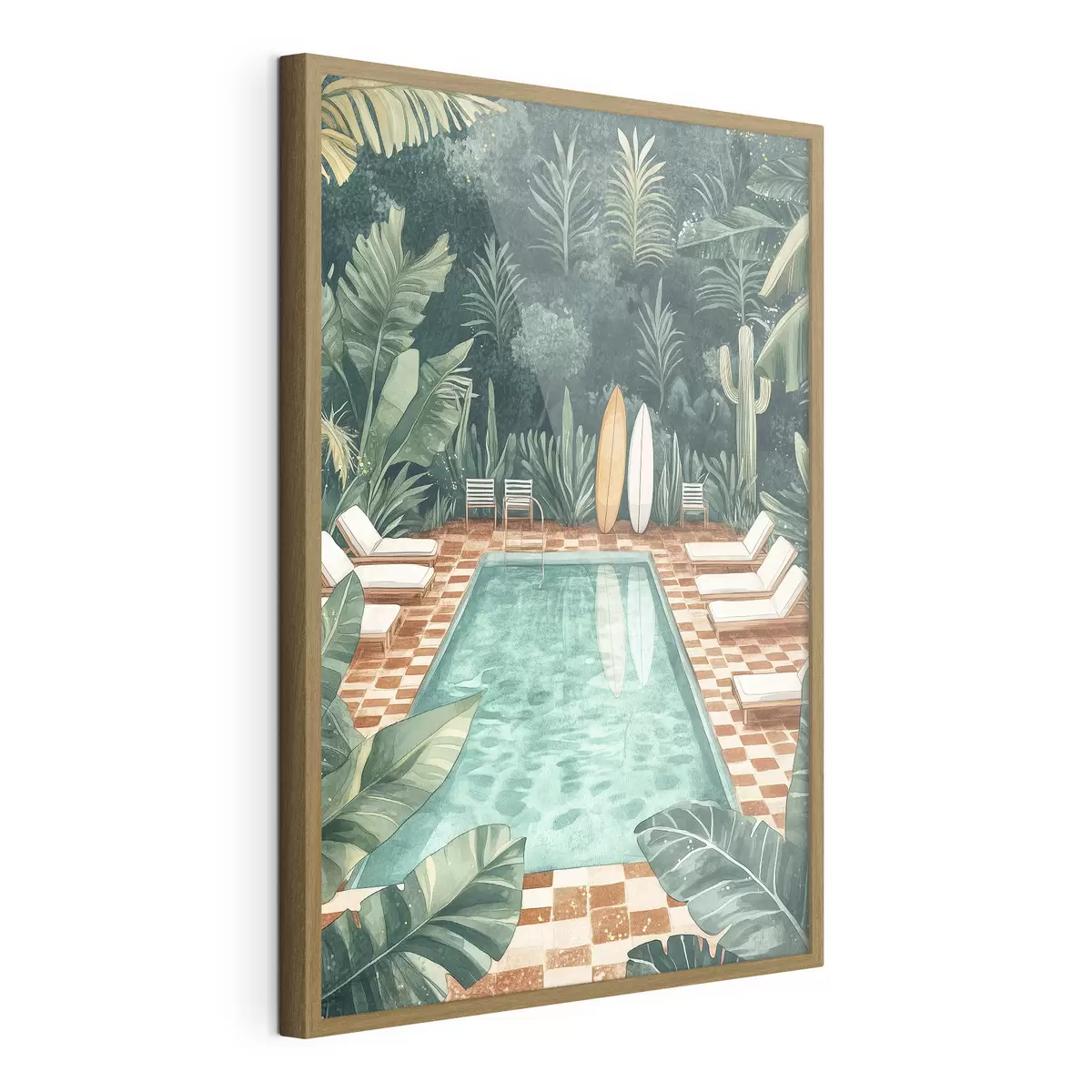 Poster Piscina estiva vintage, foresta tropicale, verde, palme, stile acquerello f43191