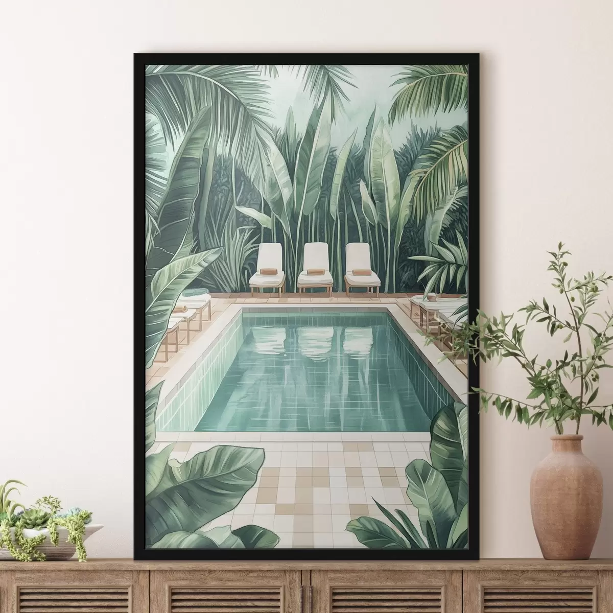 Poster Piscina estiva estetica nel giardino tropicale, stile acquerello f43192