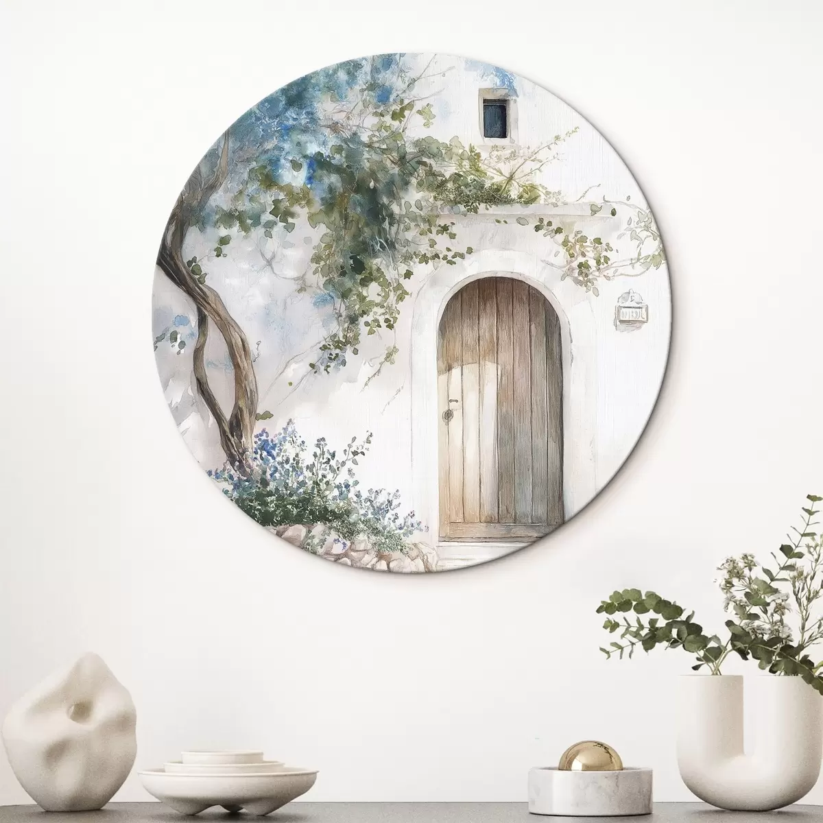 Quadri rotondi Bella casa bianca con albero in fiore, stile mediterraneo, acquerello r43179
