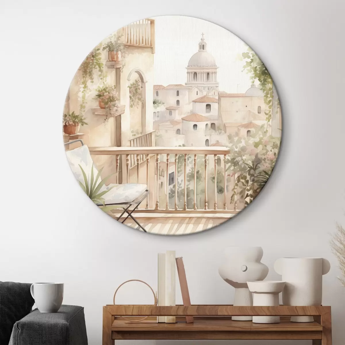 Quadri rotondi Balcone estivo estetico, Spagna, architettura antica, blomming, stile acquerello r43180