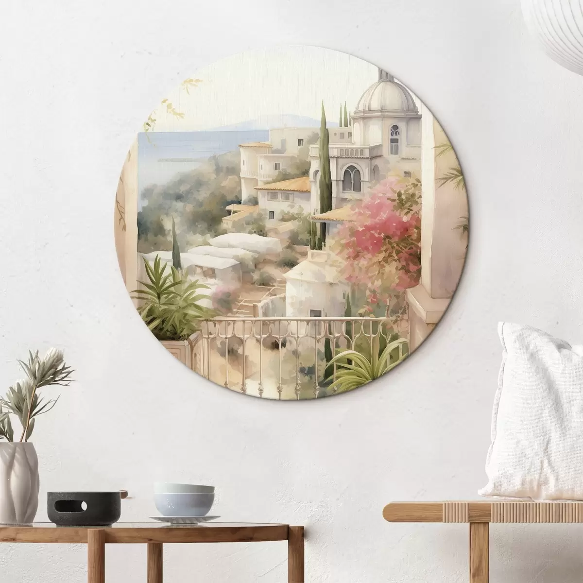 Quadri rotondi Spagna paesaggio estivo, architettura mediterranea, stile acquerello r43181