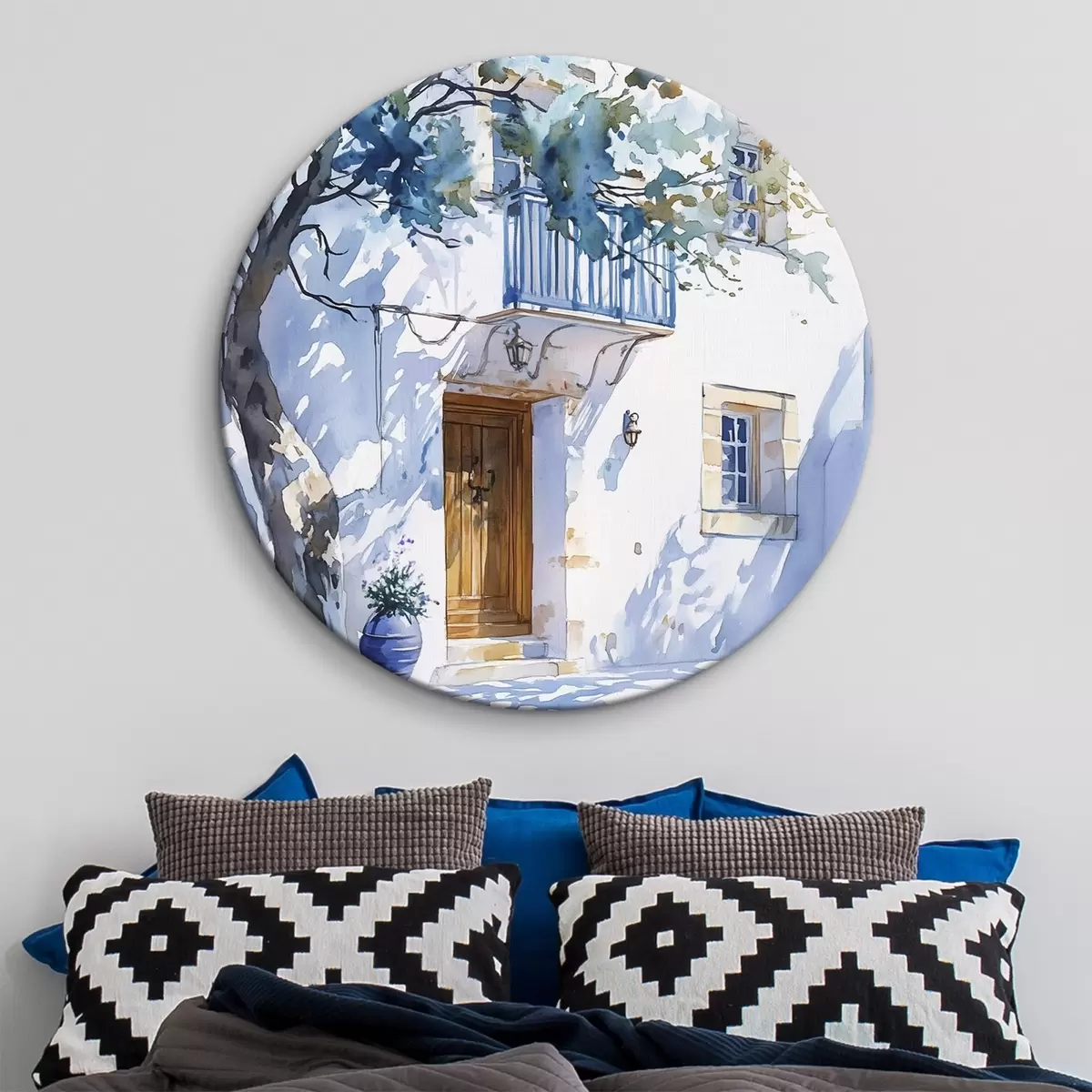 Quadri rotondi Stile acquerello, casa greca, albero in fiore, architettura r43182