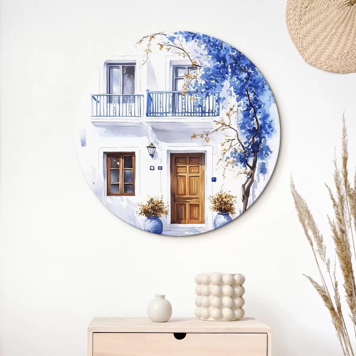 Quadri rotondi Albero in fiore con fiori blu, casa bianca, Grecia, stile acquerello r43183