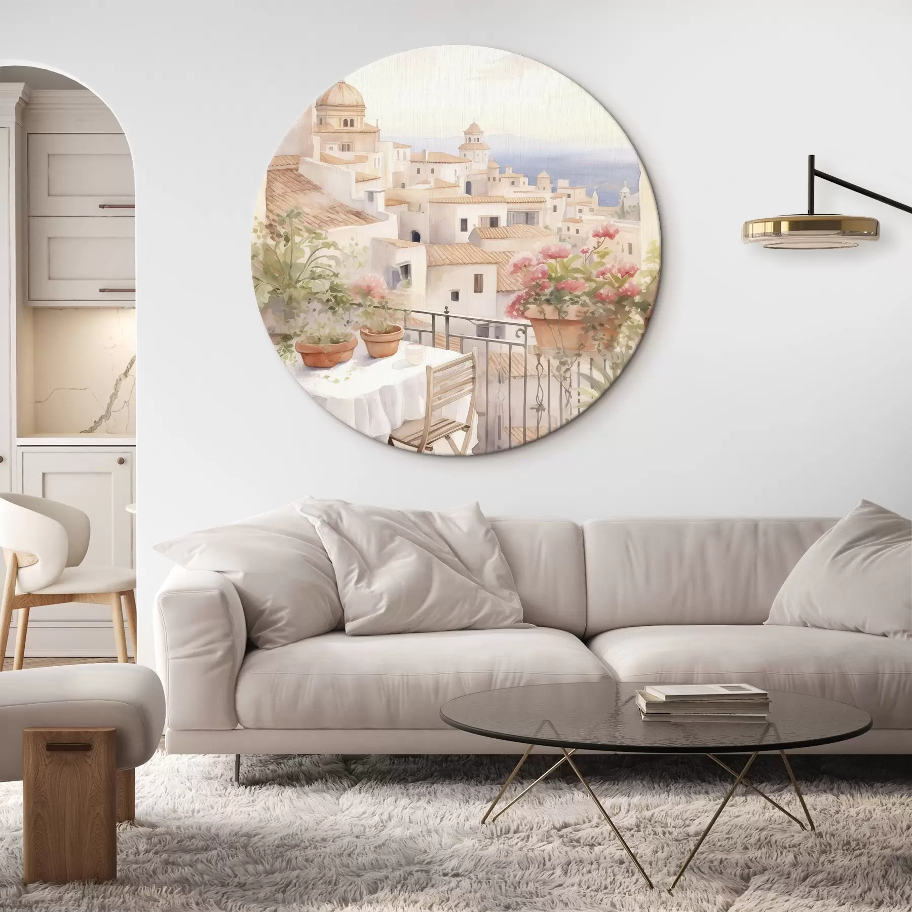 carta da parati Tramonto sul balcone, Italia, architettura, fiori in fiore, stile acquerello nr. r43184