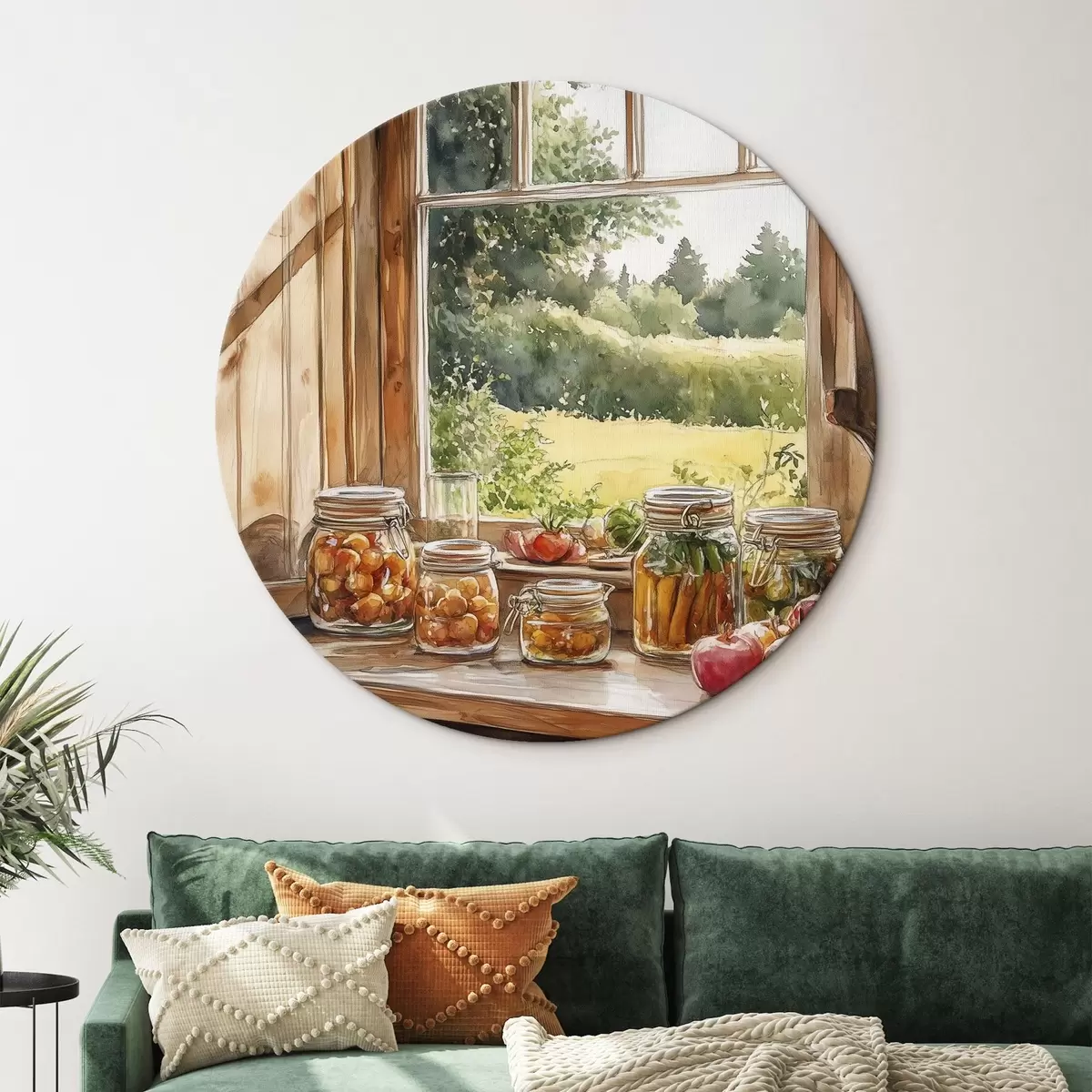 Quadri rotondi Estetica del villaggio, casa di legno, natura estiva, verdure, stile acquerello r43185