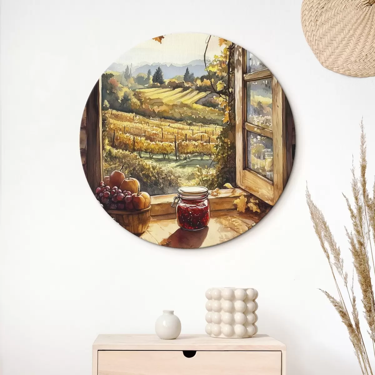Quadri rotondi Raccolta nel villaggio, rustico, frutta, marmellata, paesaggi naturali, stile acquerello r43186