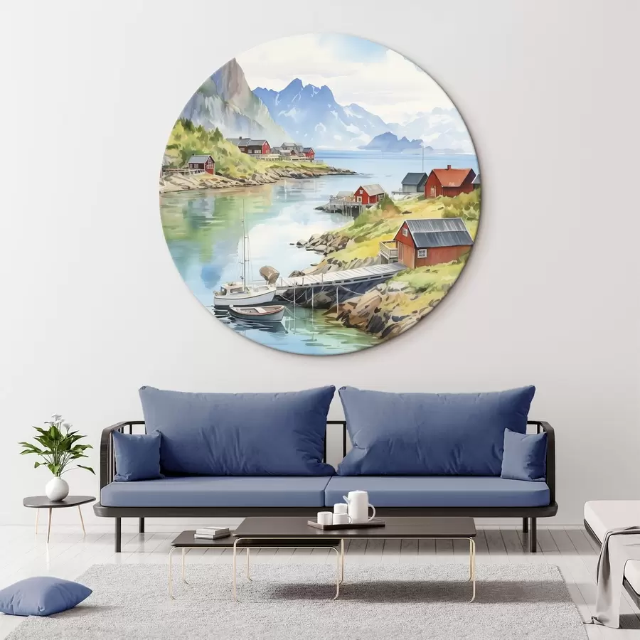 carta da parati Paesaggio estivo delle isole Lofoten, case rosse, montagne, imbarcazioni nr. r43187