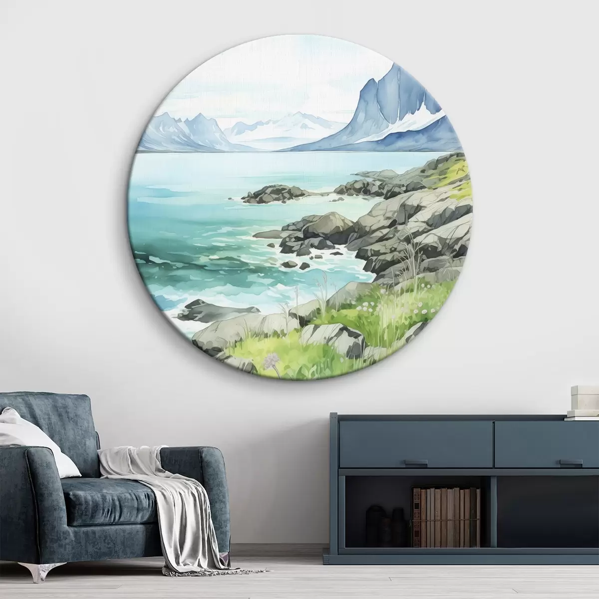 Quadri rotondi Norvegia natura, fiordi, paesaggio estivo, erba verde, montagne, stile acquerello r43188