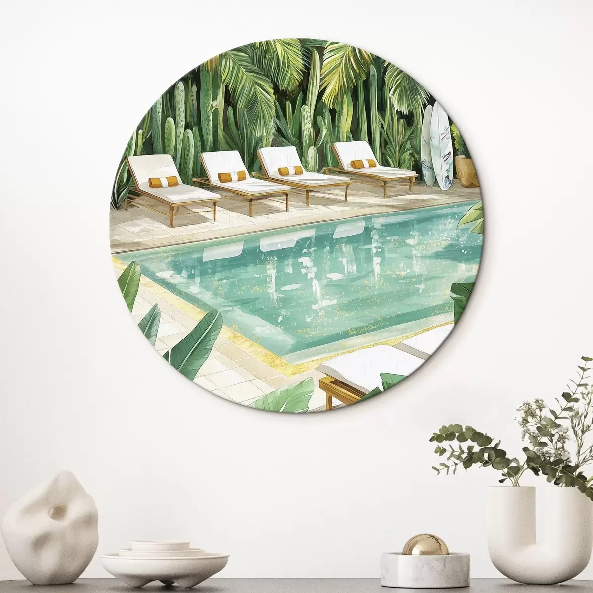 Quadri rotondi Natura tropicale, giardino, piscina estiva, surf, stile acquerello r43190