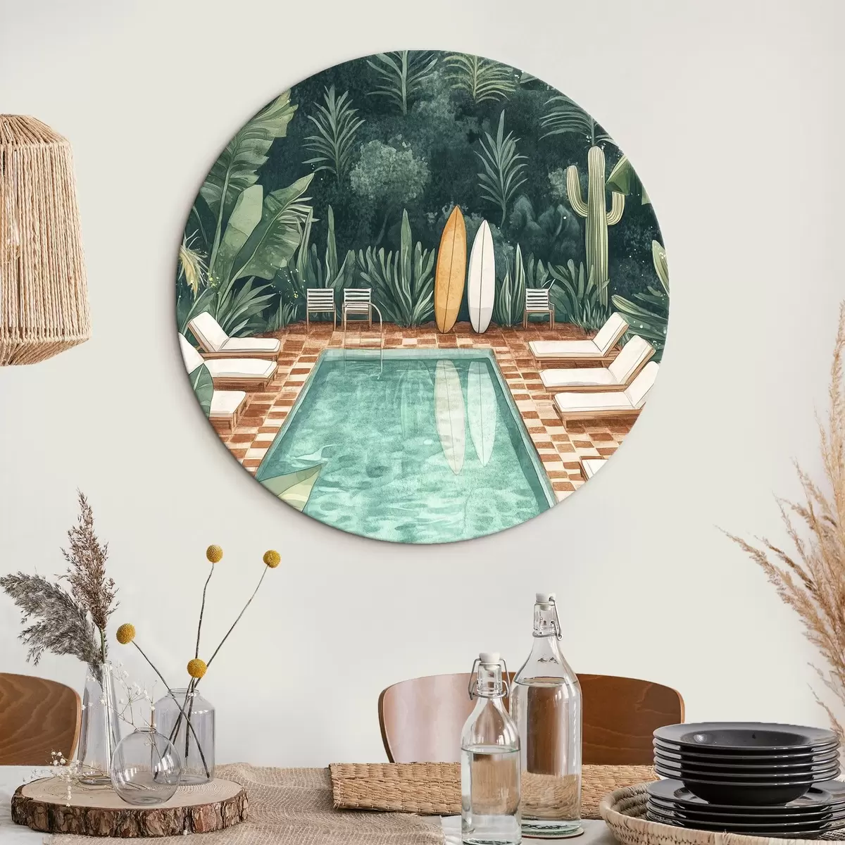 Quadri rotondi Piscina estiva vintage, foresta tropicale, verde, palme, stile acquerello r43191