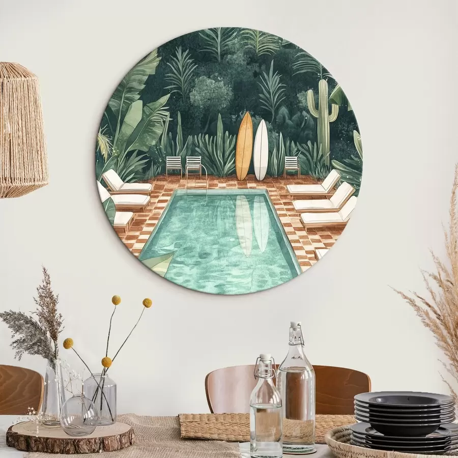 carta da parati Piscina estiva vintage, foresta tropicale, verde, palme, stile acquerello nr. r43191