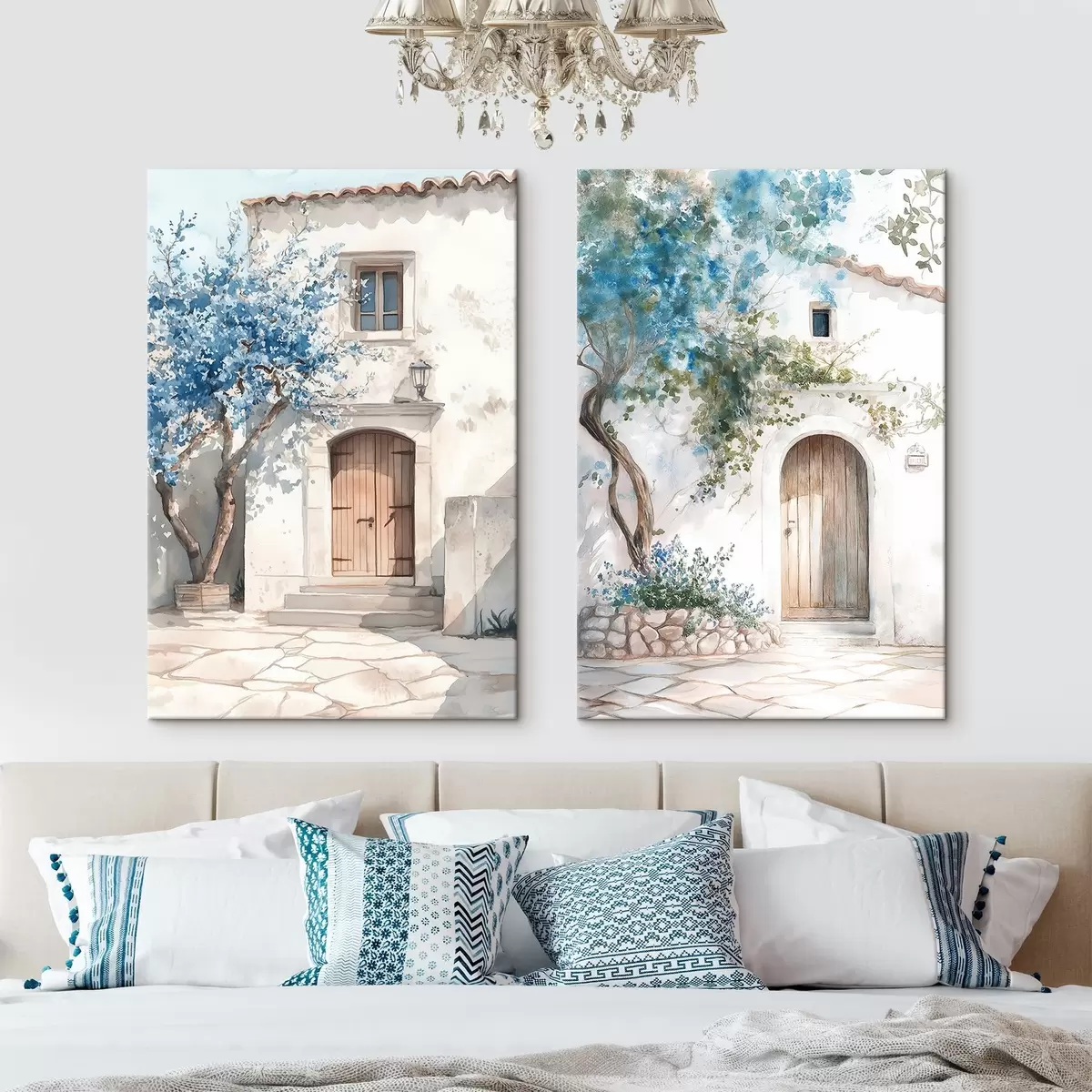 carta da parati Case bianche greche con alberi in fiore, mediterraneo, disegno in stile acquerello nr. m00419