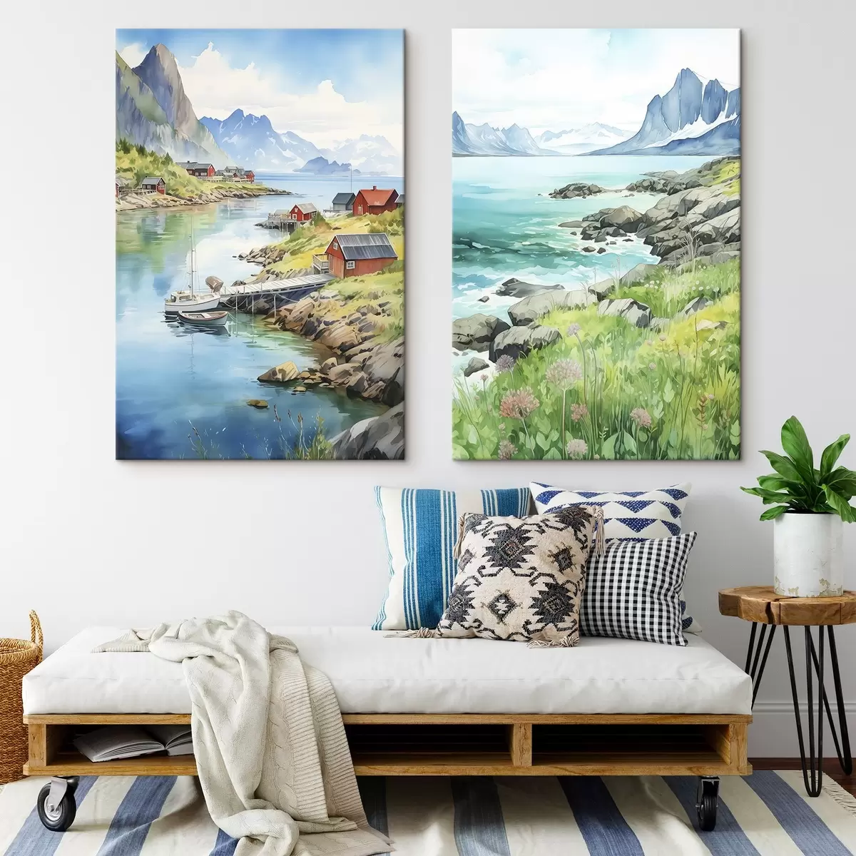 carta da parati Norvegia natura, isole Lofoten, paesaggio estivo, case rosse, montagne, imbarcazioni nr. m00421