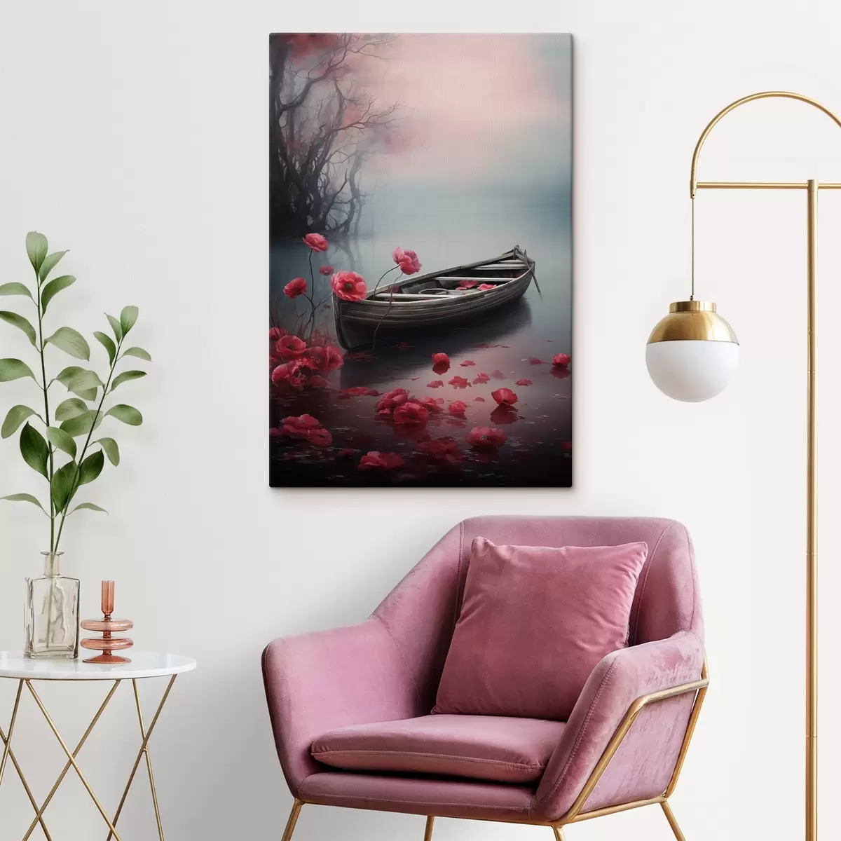 carta da parati Barca e fiori di papavero sul lago nr. s43203